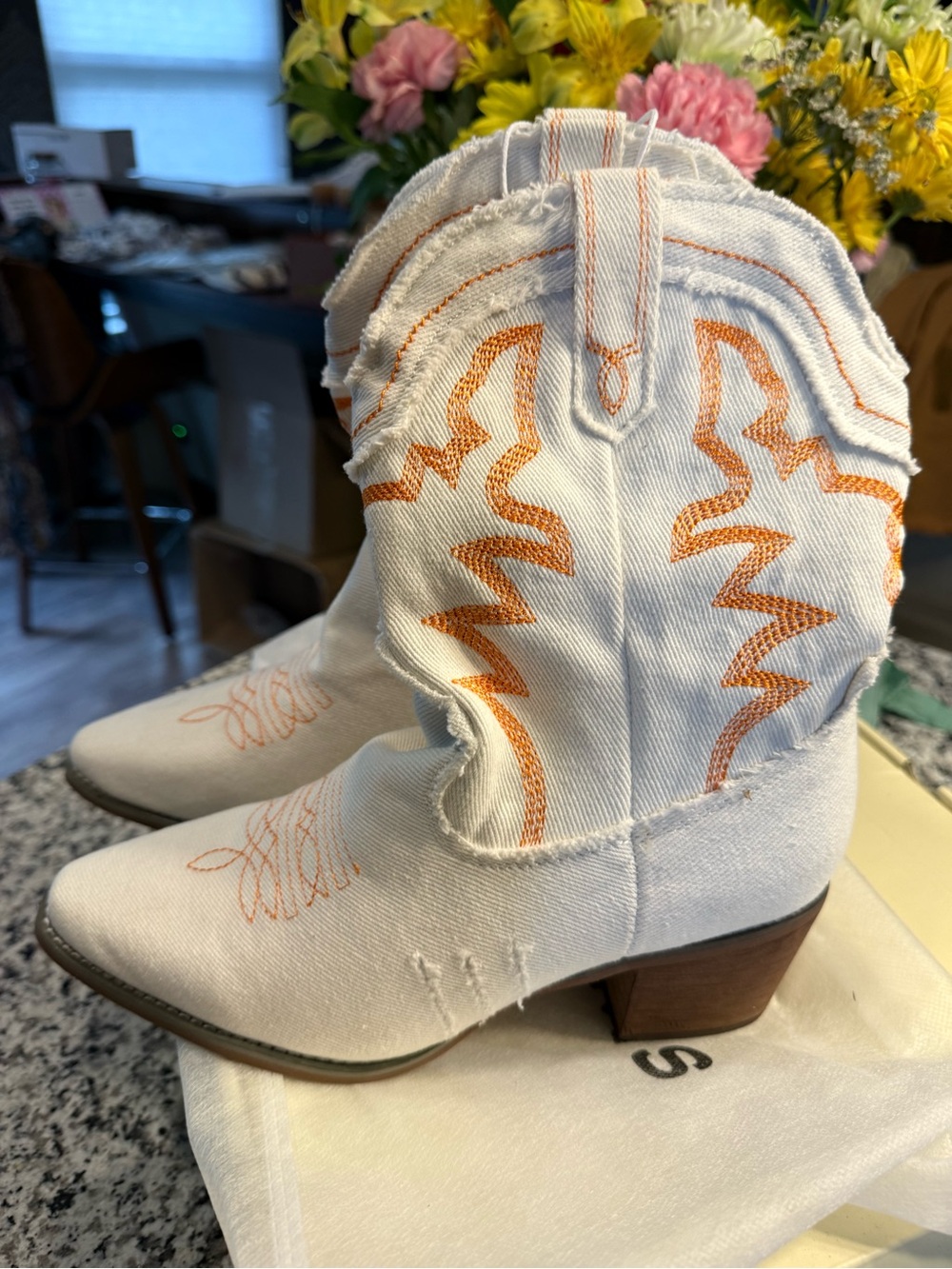 White Canvas Western Ankle Boots with Orange Embroidery - Women